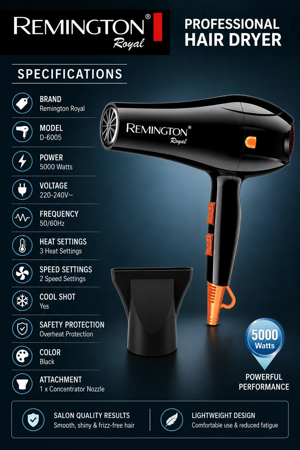 Remington Professional Hair Dryer D-6005 | Fast Drying & Salon Styling