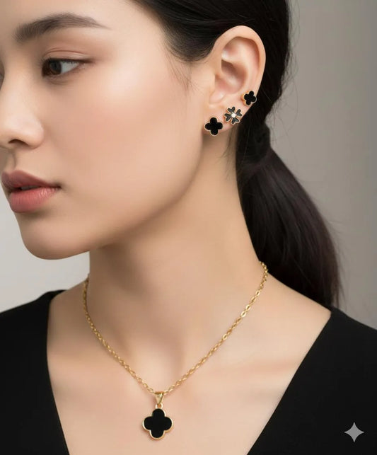Premium Black Quatrefoil Jewelry Set – Elegant Gold Finish