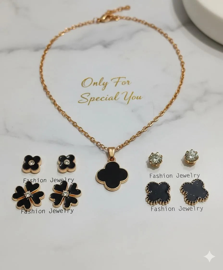 Premium Black Quatrefoil Jewelry Set – Elegant Gold Finish