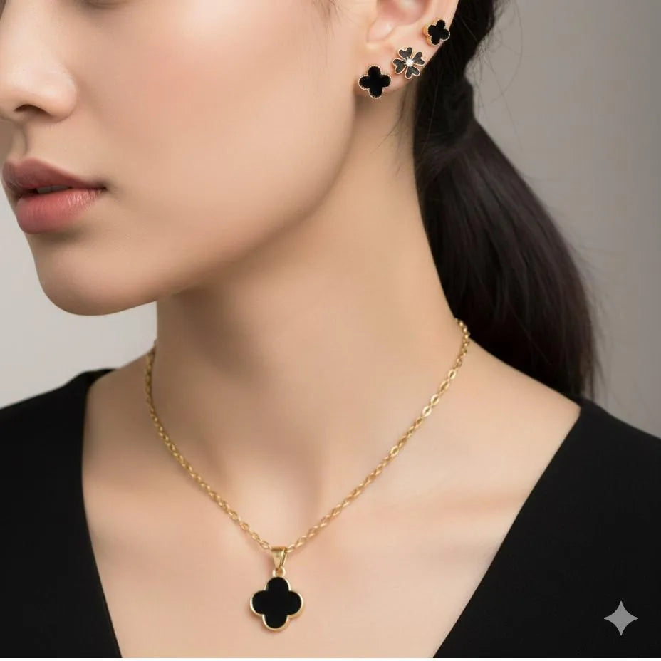 Premium Black Quatrefoil Jewelry Set – Elegant Gold Finish